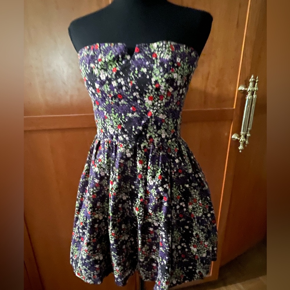 Bebe strapless mini dress black with purple and red flowers
